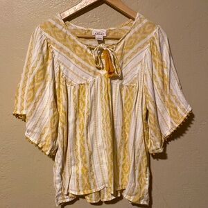 ARIAT Boho Bell Sleeve Blouse Womens S  - Yellow White Western Tassels